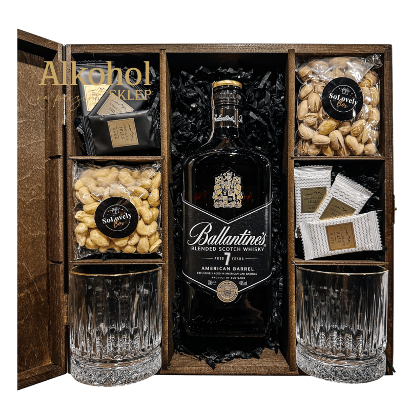 ZESTAW WHISKY BALLANTINE'S 7YO 0.7L + CZEKOLADKI + PISTACJE + NERKOWCE + 2 SZKLANKI