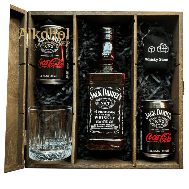 ZESTAW WHISKEY JACK DANIEL'S OLD NO.7 0.7L + SZKLANKA + 2 DRINKI JACK DANIEL'S & COLA + KAMIENIE DO WHISKY