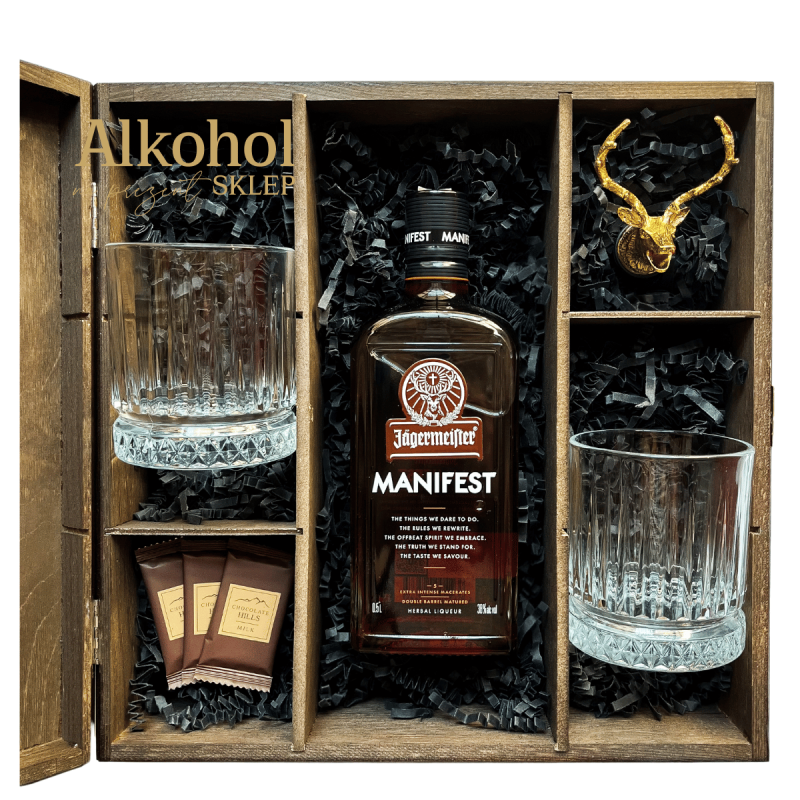 ZESTAW LIKIER JAGERMEISTER MANIFEST 0.5L + 2 SZKLANKI + NALEWAK + CZEKOLADKI